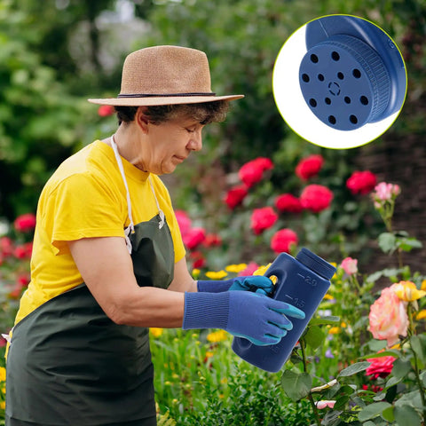 Person using Versatile Handheld Spreader Set With Scoop And Gloves For Grass Seed Fertilizer Salt And Ice Melt No Clog Design