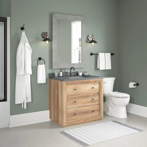 Bathroom with matte black hand towel ring holder for kitchen and bathroom mounts by any sink for easy towel hanging at the perfect height.