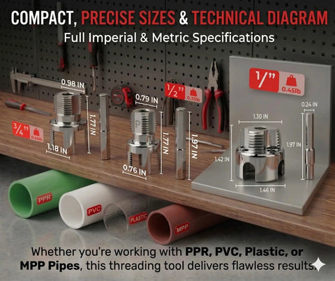 Heavy Duty PVC Pipe Threader Kit For One Half Inch And Three Quarter Inch Tubing With Dual Function Internal And External Threading Break Resistant Rust Resistant Cutter Machuelos Tubo Set DIY Plumbing Pro Tool Opener displayed with precision sizes and technical diagram on workbench.