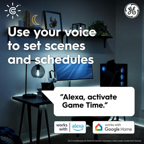 Color Changing Smart LED G25 Globe Bulbs 2 Pack 60W Equivalent RGB Mood Lighting in a modern home office with Alexa and Google Home controls.