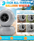 9-inch all-terrain balloon wheels for folding beach wagons, designed for easy installation over soft sand.