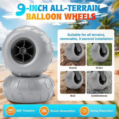 9-inch all-terrain balloon wheels for folding beach wagons, designed for easy installation over soft sand.
