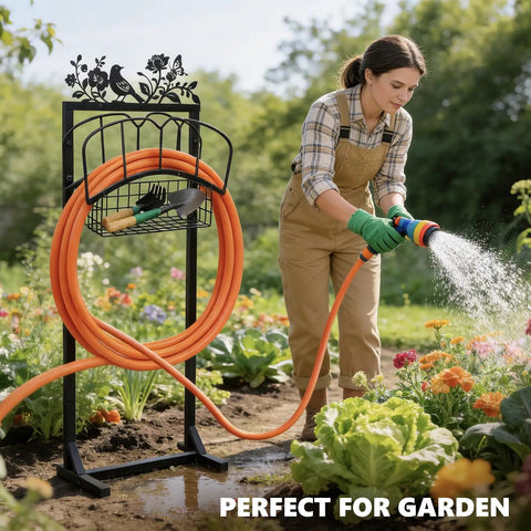 Adjustable Hose Holder With Metal Decor Signs Freestanding Water Hose Reel Stand Holds Up To 150 Ft Of Hose Storage Basket Rack
