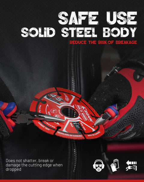 EZARC 3-inch carbide cut-off wheel disc with red segmented abrasive, held by gloved hands