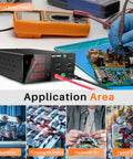 Beefy 600W Benchtop DC Power Supply 0 to 60V 0 to 10A with Encoder Knob and Output Switch High Power Adjustable Switching Regulated Bench Power Supply for Repair and Testing with 4 Digit Backlit Display, shown powering circuit board repair