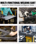 Heavy Duty Steel Welding Table With Wheels, 36 By 24 Inch Rolling Workbench For Garage And Workshop Featuring Locking Casters, hands using welding tools on the table.