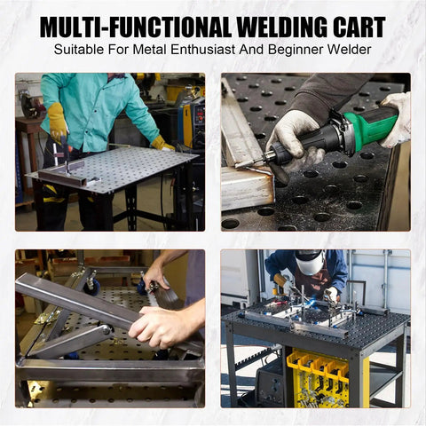 Heavy Duty Steel Welding Table With Wheels, 36 By 24 Inch Rolling Workbench For Garage And Workshop Featuring Locking Casters, hands using welding tools on the table.