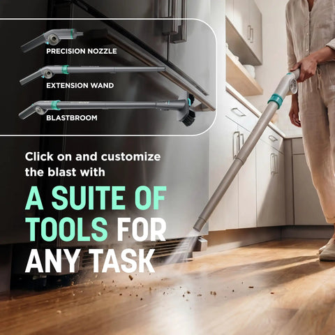 BlastBoss Beast Mode All In One Air Blasting System With BlastBroom And Precision Nozzle For Indoor And Outdoor Cleaning Extension Wand 0 To 190 MPH Airflow Cordless Handheld Blower Rechargeable Charcoal Finish AB2111, used on kitchen floor