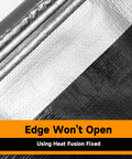 Edge detail of Heavy Duty Waterproof Poly Tarpaulin 12x25 Feet Silver Black With Grommets And Reinforced Edges UV Resistant Tarp