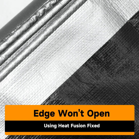Heavy Duty 30x30 Foot Poly Tarpaulin With Reinforced Edges And Grommets, close-up of sealed edge to show edge won't open feature.