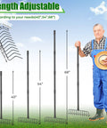 Heavy Duty Garden Rake With 11 Stainless Steel Tines And 68 Inch Handle, adjustable length rake standing on grass