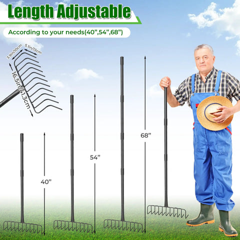 Heavy Duty Garden Rake With 11 Stainless Steel Tines And 68 Inch Handle, adjustable length rake standing on grass