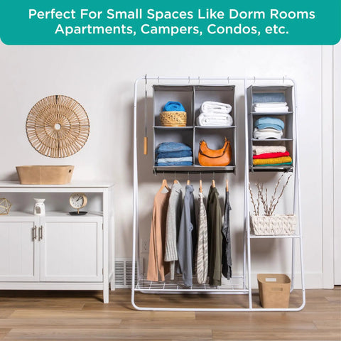 Two In One Hanging Closet Organizer With Built In Garment Rod And Four Spacious Shelves For Clothes Sweaters And Shoes Heavy Duty 600D Fabric Doubles Your Closet Capacity Reinforced Grey in a room with clothes and accessories.