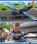 Child playing with 3 In 1 Fighter Jet Building Set With Jet Gunship Helicopter And Propeller Plane Military Aircraft Toys For Kids 10 And Up 738 Pieces Includes Rocket Launcher And Speedboat Buildable Model Awesome Birthday Gift, showcasing assembled propeller plane and speedboat model indoors and outdoors.