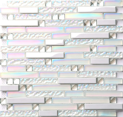 Modern Iridescent Glass Metal Mosaic Tile Backsplash For Kitchen And Bathroom White Silver Linear Wall Tiles