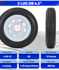 2 Pack 4.80-12 Trailer Tires On 12 Inch Rims With 5 Lug On 4.5 Inch Bolt Pattern 2.95 Inch Center Bore, side and front view