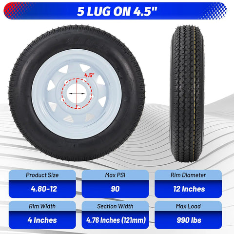 2 Pack 4.80-12 Trailer Tires On 12 Inch Rims With 5 Lug On 4.5 Inch Bolt Pattern 2.95 Inch Center Bore, side and front view