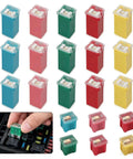 Road Ready 30 Piece Automotive Cartridge Fuse Assortment Kit 20 To 60 Amp Box Shape Electrical Protection with colored plastic fuses.