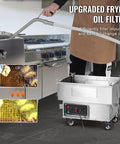 Commercial Deep Fryer Oil Filter Machine With 300W High Efficiency Pump And 18L Mobile Filtration Cart in use, filtering oil.