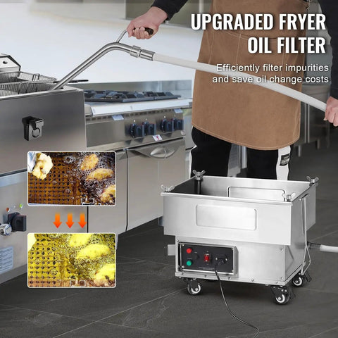 Commercial Deep Fryer Oil Filter Machine With 300W High Efficiency Pump And 18L Mobile Filtration Cart in use, filtering oil.
