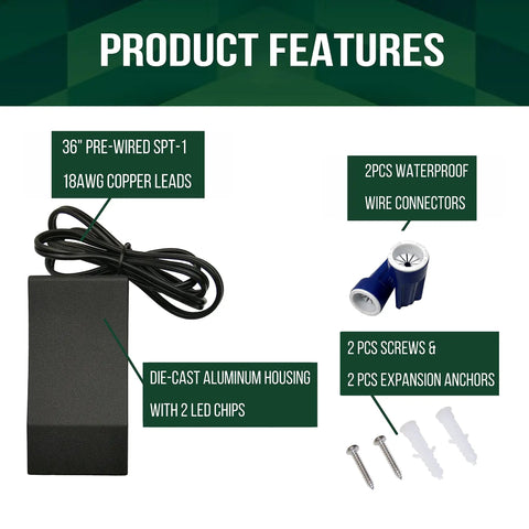Low Voltage LED Wedge Deck Rail Light Kit 2W 2700K Warm Glow IP65 Black Die Cast Aluminum with connectors and screws