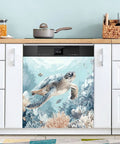 Sea Turtle Blue Dishwasher Magnet Cover Sticker For Refrigerator And Kitchen Appliances showing ocean scene on dishwasher.