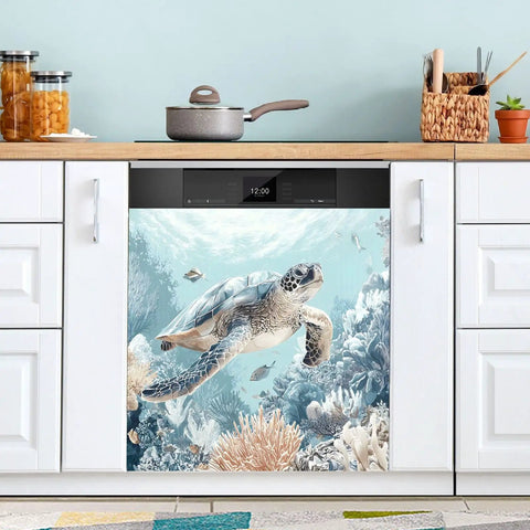 Sea Turtle Blue Dishwasher Magnet Cover Sticker For Refrigerator And Kitchen Appliances showing ocean scene on dishwasher.