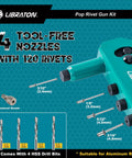 Heavy Duty Rivet Gun Kit With Ergonomic Grip And Safety Lock, shown with 4 tool-free nozzles and 120 blind rivets