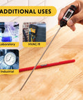 Hand holding Digital Thermometer with 8.38 Inch Stainless Steel Probe for Food and Lab Use showing additional uses.