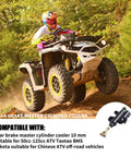 ATV riding on dirt path, inset of Rear Hydraulic Brake Master Cylinder 10mm For 50cc To 125cc ATVs And Dirt Bikes Beefed Up Braking