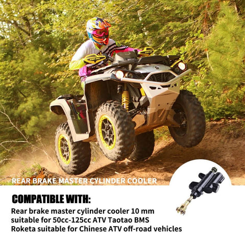 ATV riding on dirt path, inset of Rear Hydraulic Brake Master Cylinder 10mm For 50cc To 125cc ATVs And Dirt Bikes Beefed Up Braking