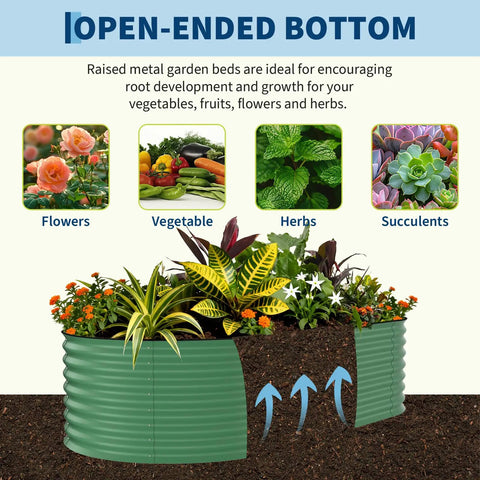 Yard Ready 8x4x1.5ft Galvanized Raised Garden Bed With 18 Inch Deep Root Zone Anti Cut Safety Edges Rust Resistant Oval Planter Box 359 Gallons For Outdoor Vegetables Flowers And Herbs, green with open bottom, showcasing plants.