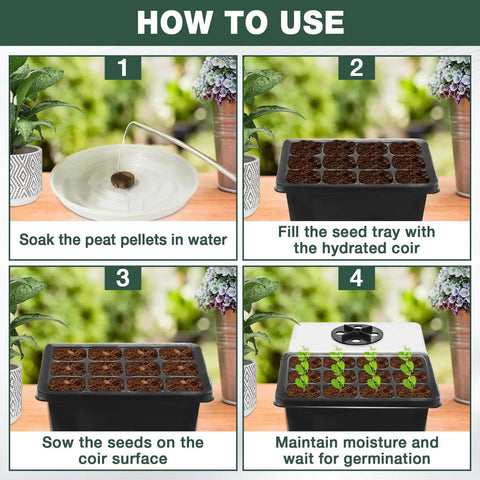Instructional image showing use of Six Pack Seed Starter Trays With 90 Coco Coir Pellets Adjustable Humidity Germination Tray