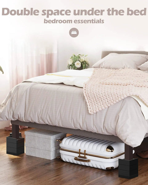 Adjustable heavy duty furniture risers under bed, enhancing space, featuring anti slip grip, supporting up to 1300 lbs in sleek black.