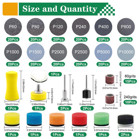 All in One Must Have 279 Piece 1 Inch Sanding Discs And Drum Set With Hook And Loop Pads 60 To 10000 Grit Kit components display