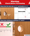 Door installation guide with specifications for hole size and door thickness.