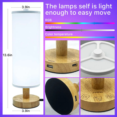 Lit Smart Table Lamps Set Of 2 With RGB Color Changing, Remote And App Control, Alexa Compatible, wooden base details shown