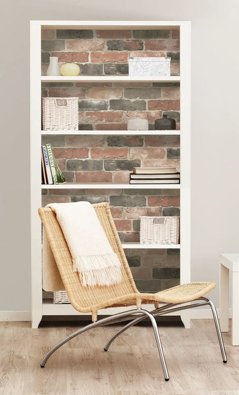 Newport Reclaimed Brick Peel And Stick Wallpaper Red Removable Self Adhesive Wall Covering For Bedroom And Living Room Pad Accent Walls No Residue Simple Cleanup styled on a bookshelf
