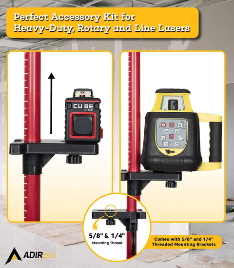 Pro Grade Laser Level Pole Kit With Tripod And Mount For Rotary And Line Lasers showing 5/8 & 1/4 mounting brackets