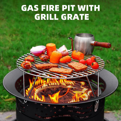 Smokeless 24 Inch Portable Propane Fire Pit with Grill Grate and Lid 60 000 BTU Outdoor Firepit for Camping, cooking food