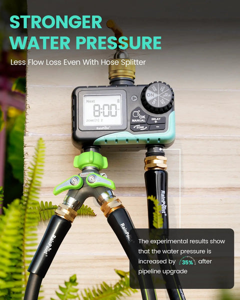 No Fuss Dual Outlet Hose Timer For Yard Watering With Two Zone Scheduling showing brass connectors and pressure readings.