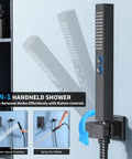 Matte Black Shower System With Push Button Diverter showing 2-in-1 handheld shower modes on blue background