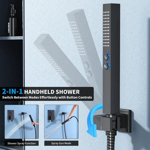 Matte Black Shower System With Push Button Diverter showing 2-in-1 handheld shower modes on blue background