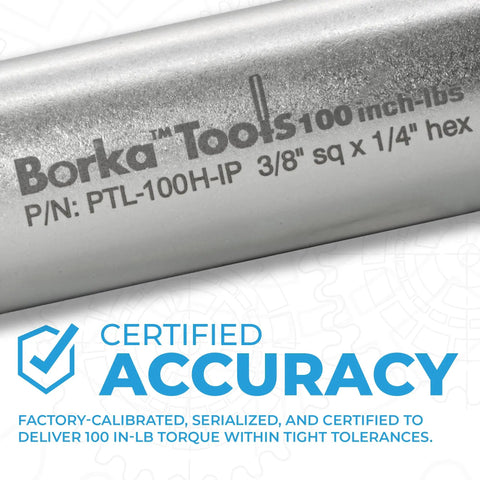 Precision Torque Limiter 4 In-Lb For Electronics And Fine Instruments With 3/8 Inch Square Drive And 1/4 Inch Hex Adapter, Factory Calibrated And Serialized For Solid Inch-Pound Torque Control; close-up label