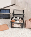 Dark Grey 3 Pack Fabric Storage Bins With Lid And Peek Window Collapsible Closet Organizers with folded clothes and toys