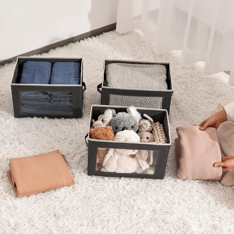 Dark Grey 3 Pack Fabric Storage Bins With Lid And Peek Window Collapsible Closet Organizers with folded clothes and toys