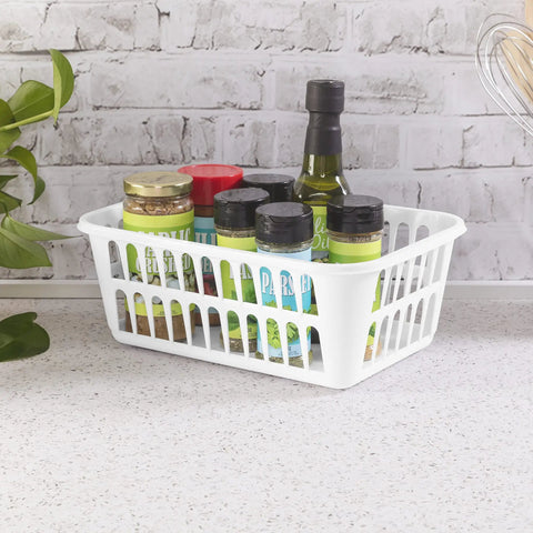 White Plastic Storage Baskets Set Of 48 for grab and go organization holding spices on a kitchen countertop