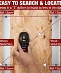Hand holding 2-In-1 Laser Level With Magnetic Stud Finder Rechargeable Wall Scanner near wood studs.