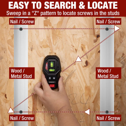 Hand holding 2-In-1 Laser Level With Magnetic Stud Finder Rechargeable Wall Scanner near wood studs.