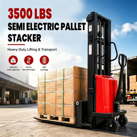 Heavy Duty Full Electric Pallet Stacker With 3500 Lb Load Capacity And 94 In Lift Height For Warehouse Forklift Work, lifting pallets.